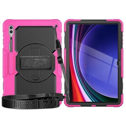 for Samsung Galaxy Tab S9 Ultra 14.6 Inch 2023 (SM-X910/X916B/X918U) Heavy Duty Shockproof TPU Case,Protective Cover W Screen Protector 380 Swivel Kickstand+Hand Strap+Shoulder(Rose red)