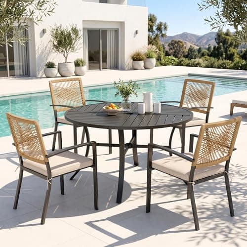 PHI VILLA 5 Pieces Patio Table and Chairs Set, Outdoor Dining Set for 4, 42" Round Metal Patio Table & 4 Cushioned Rattan Chairs for Patio, Deck, Backyard, Porch