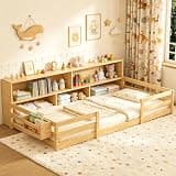 TOLEAD Twin Floor Bed for Kids, Wooden Montessori Bed Frame with Bookcase, Bedside Storage Shelves & Guardrails, Versatile 2-in-1 Floor Bed for Boys Girls, Natural