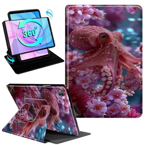 Gmeyutqy Case for iPad Pro 11 Inch (M5/M4) 2025/2024, 360 Degree Rotating Swivel Stand Flip Leather Cover, Multiple Angles, Auto Sleep/Wake, Pink Octopus