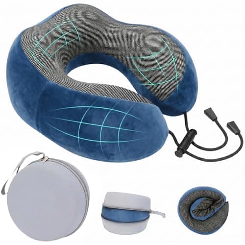 Divguf Neck Pillow for Sleeping, Travel Pillow, 100% Memory Foam U Shaped Pillow with Portable Storage Box, Travel Neck Pillow for Airplanes, Airplane Essentials for Flight Car Office Home (Blue)
