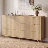 HAPPYMONT Fluted Dresser for Bedroom, Chest of 9-Drawer with Metal Frame & Spacious Wooden Top, Fabric Dresser Storage Tower for Closet, Hallway, Living Room, Natural Oak