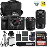 Sony Alpha a7 III Mirrorless Camera with FE 28-70mm & Sony E 55-210mm f/4.5-6.3 OSS Lens, 24.2MP Full-Frame, 4K Video + LED Light + Tripod + Spare Extra Replacement Battery + 128GB Card + Camera Case