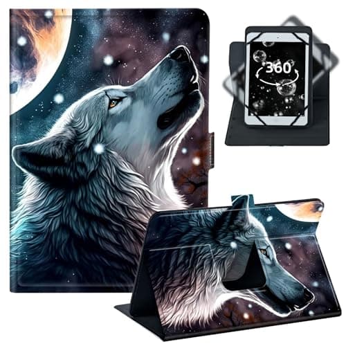 BREIDMKFM Tablet Case for Fire HD 8/iPad mini 6 - Universal 7-9 Inch Lightweight Leather Folio with 360 Rotating Stand,Fit for Galaxy Tab A 8.4/Fire 7/Lenovo Tab M8,﻿White Wolf Moon