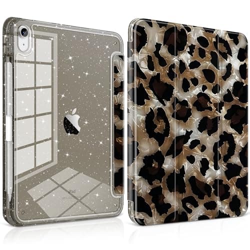 Yebiseven Glitter Case for iPad Air 11 Inch M4 M3 M2 (2026/2025/2024), iPad Air 5th/4th (2022/2020) with Pencil Holder, Cute Sparkly Slim Cover for Girls and Kids, Clear Back Shell, Gorgeous Leopard