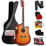 Pyle Steel String Acoustic Guitar Kit, 4/4 Full Size Cutaway All-Wood Guitarra Acustica with Premium Accessory Set and Upgraded Gig Bag, 41" Cherry Burst Glossy