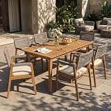 Christopher Knight Home Sky Acacia Wood Dining Table Set for 6, 7 Piece Patio Extendable Dining Table and Dining Chairs Set of 6 with Cushions & Rope Accents, Patio Furniture Set, Teak+Beige+Grey