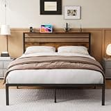 Japovker Full Size Metal Bed Frame with Storage Headboard, Farmhouse Platform Bed Frame with Charging Station and Metal Slats Support, Under-Bed Storage, Mattress Foundation, No Box Spring Needed