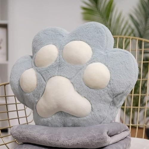 Cat Paw Pillow and Blanket 2-in-1, Ergonomic Nap Pillow with Soft Plush for Neck & Back Support, Hand Warmer Pocket, Portable Travel Pillow & Blanket Set for Office(Gray-2,Throw Pillow)