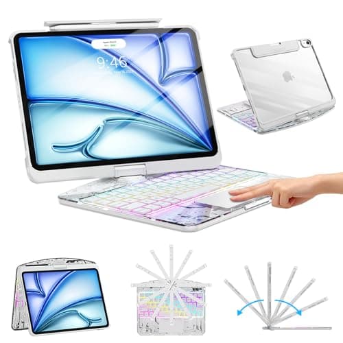 Herize Case for iPad Air 11 Inch (M3 2025 / M2 2024) / iPad Pro 11 Inch (1st/2nd/3rd/4th Generation) with Wireless Keyboard, Multi-Touch Trackpad & 7-Color Backlit, 360 Rotating, Pencil Holder, White