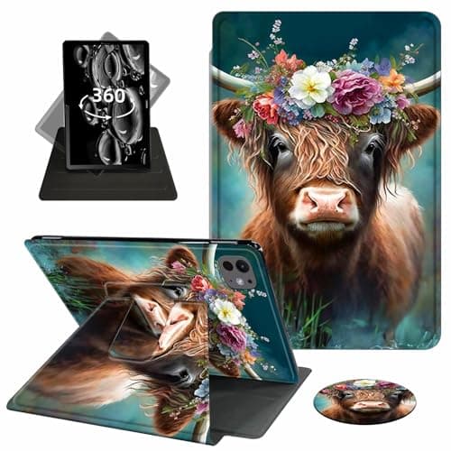 ACWDMKH for iPad Pro 11 Inch Case 2024 5th Generation (M4),for iPad Pro M4 11 Inch Case,360 Degree Rotating Swivel PU Leather Stand Flip Folio Cover with Auto Wake/Sleep,Cute Highland Cow