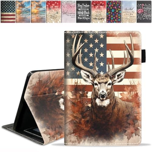 FQTBCEARI Designed Case for All-New Amazon Kindle Fire 7 Tablet (7", 12th Generation, 2022 Release), Slim PU Leather Cover with Card Slot & Auto Wake/Sleep, American Flag Deer