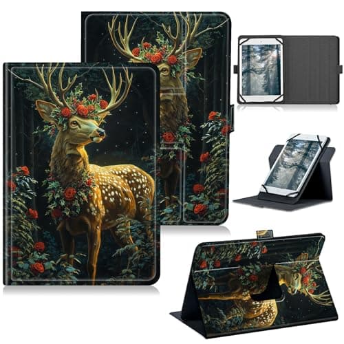 RWUTYTIUL Universal Tablet Case for Xiaomi Pad 7/7 Pro 11.2 Inch, 360 Degree Rotating Kickstand Protective Stand PU Leather Shell Cover for 10.5"-11.5", Rose Forest Deer