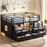 Bellemave Low Loft Bed Full Size with Storage Shelves & Fabric Drawers, Metal Full Loft Bed for Kids with LED Lights & Under-Bed Play Area, Low Loft Bed Frame for Bedroom, No Box Spring Needed, Black