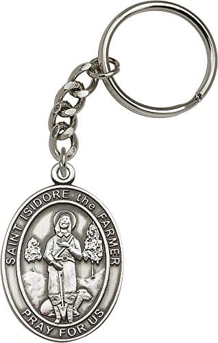 Bonyak Jewelry Antique Silver-Plated St. Isidore The Farmer Keychain 1 7/8 x 1 1/4 inches