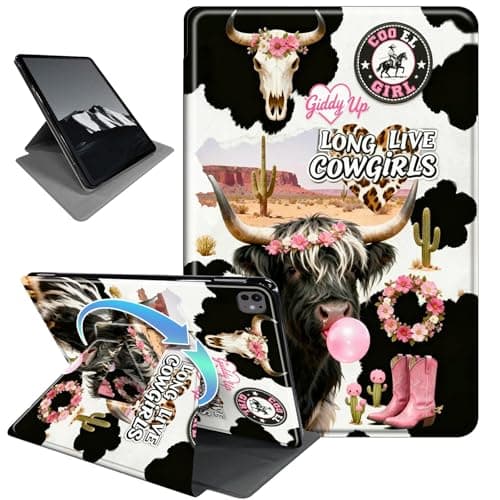 Rotating Case for iPad Pro 11 Inch (M5/M4) 2025/2024,Horizontal & Vertical Stand Cover with Auto Wake/Sleep,Black White Yak Collage