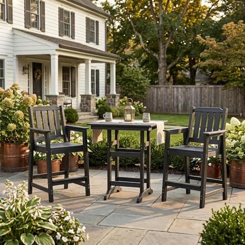 3-Piece Patio Counter Height Dining Table and Chairs Set–Outdoor HDPE Bar Table Set with Umbrella Hole & 2 Tall Bar Stools, All-Weather Outdoor Pub Furniture for Backyard, Balcony, Bistro (Black)