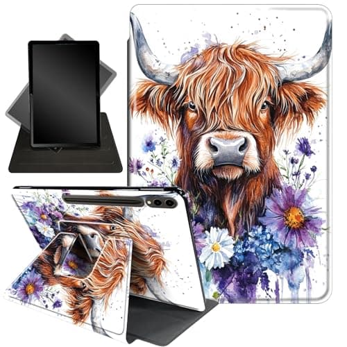 for Galaxy Tab S10+ Plus 2024/ S9+ Plus/ S9 FE Plus Case,360 Degree Rotating Stand Smart Protective Cover Case for Samsung Tab S10 Plus/ S9 Plus/S9 FE Plus 12.4 Inch,Purple Flowers and Cow