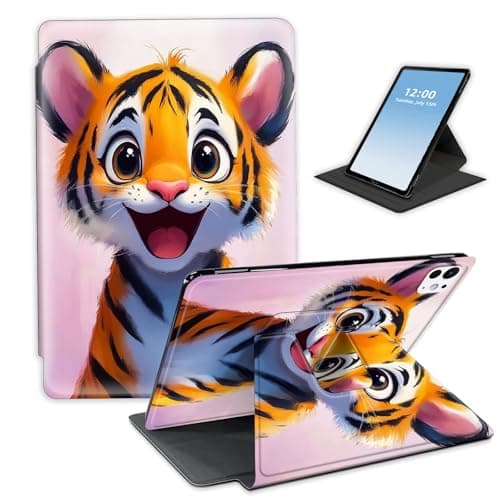 HGGJFLYX for iPad Pro 13 Inch 2024,360 Degree Rotating Multi-Angle Viewing Stand Cover for iPad Pro 13 Inch 2024,Auto Sleep/Wake,Cute Tiger Cub on Pink