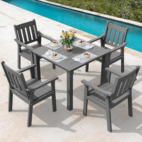YEFU HIPS Patio Table Set: 5 Piece Outdoor Square Table and Chairs with Metal Aluminum Frame - Gray Modern Plastic Patio Dining Furniture Set 4 Person for Outside Deck