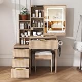Small Makeup Vanity Desk with Mirror and Lights,Vanity Table with Sliding Mirror, Charging Station, Drawers, Shelves, Stool and Hair Dryer Holder,3 Light Mode,Brightness Adjustable,for Bedroom,Walnut