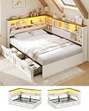 AOGLLATI Full Corner Bed Frame with Storage Drawers and Bookcase Hidden Headboard & Charging Station, Farmhouse Led Wood Full Daybed with Storage for Kids Teens, No Box Spring Needed,Antique White