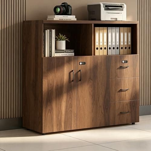 HSHBDDM File Cabinet with Password Lock, Wood Lateral Filing Cabinet for Letter/A4 Files, 3 Drawer with Door, Printer Stand with Open Shelves for Home Office