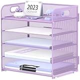 Supeasy 5 Trays Paper Organizer Letter Tray with Handle-Mesh Desk File Holders, Paper Sorter Desk Organizer for Office, Home, Classeoom or School, Purple
