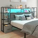 Viekoet Queen Size Headboard with Storage, Headboard Only with LED Lights & Charging Station, 3-Tier Side Shelves & 2 Drawers, Height Adjustable via Bed Adapter for Bedroom, Rustic Grey