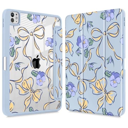 ICEKEE Case for iPad Pro 13 inch (M5) 2025 / (M4) 2024, with [Built-in Pencil Holder] Clear Transparent Back Shell Slim Stand Shockproof Tablet Cover, Auto Wake/Sleep - Blue Bows