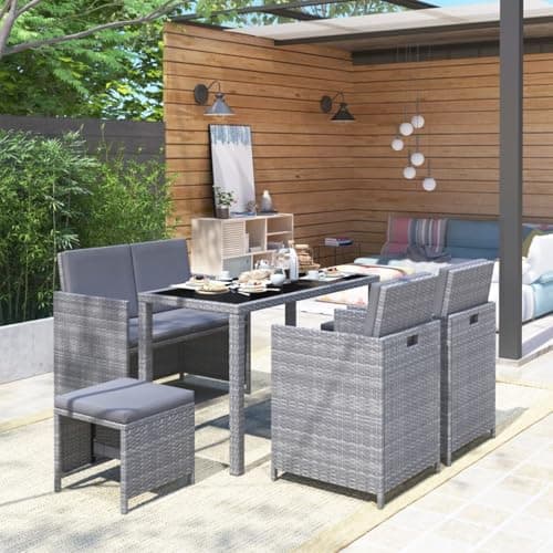 Gecheer 6 Piece Patio Dining Set, Gray Poly Rattan Table with Chairs, Bench, Stools, and Cushions for Outdoor Garden or Patio