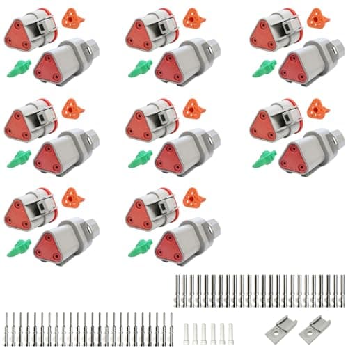Deutsch DT Grey 3 Pin Connectors 8 Sets, Waterproof Electrical Wire Connector with Stamped Contacts and Seal Plug for Truck, Off-Road Vehicles, Construction, Agriculture, Marine, Motorcycle Wiring