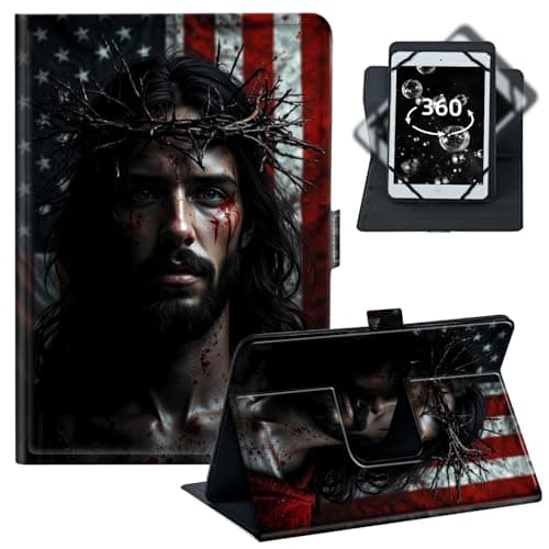 BREIDMKFM Tablet Case for iPad Pro 11/Samsung Tab S9 11-10.5-11.5 Inch PU Leather Folio with 360 Rotating Stand,Fit for Fire Max 11/iPad 10th Gen,﻿Jesus American Flag