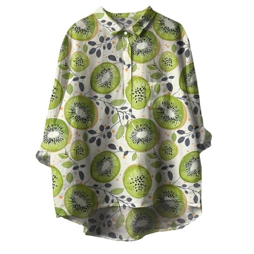 Womens Artistic Pomegranate Print Shirt Cotton Linen Long Sleeve Button Down Blouse Hand Painted Fruit Pattern Relaxed Fit Casual Spring Summer Top Unique Gift
