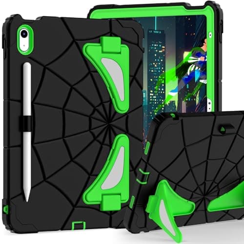 For iPad A19 12th/A16 11th（2026/2025）Case Rugged Tablet Case with Adjustable Kickstand, Shockproof Hard PC+Silicon Cover, Pencil Slot ,Child-Friendly Design for Learning & Adult Work Use(Black+Green)