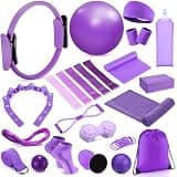 Halloscume 24 Pcs Pilates Kit, Home Pilate Equipment for Women, Pilates Ring and Ball Set with Stretching Strap, Water Bottle, Magic Circle, Yoga Ring, Gym Bag, Resistance Band, Anti Slip Sock(Purple)
