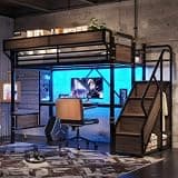 Brabrety Twin Size Metal Loft Bed with Built-in Desk (Black-T, Twin)