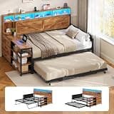 MSmask Daybed with Trundle & 3 Storage Drawers, Full Size DayBed Frame with Headboard & Charging Station, Farmhouse Wooden Bed Frame with LED for Bedroom and Guest Room, Rustic Brown