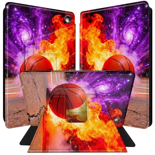 for Kindle Fire 7 Tablet Case (12th Generation 7 inch 2022 Release) with 360 Degree Rotating PU Leather Smart Cover with Auto Wake/Sleep Tablet Case - Galaxy Fire Basketball