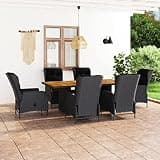 KLGBNCVE 7 Piece Patio Dining Set with Cushions, Dark Gray Poly Rattan and Powder-Coated Steel Frame, Solid Wood Tabletop, Adjustable Reclining Chairs