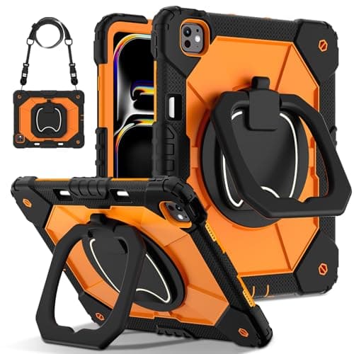 FONREST Crossbody Rugged Case for iPad Pro 13-inch M5/M4 (2025) A3360/A3361 with Pencil Holder Swivel Kickstand Hanging Ring Handle, Heavy Duty Shock-Proof Armor Cover w/Shoulder Strap (Black+Orange)