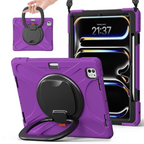 iPad Pro 13 Inch (M4, 7th Gen 2024) Case, [Rugged] [Heavy Duty] iPad Pro 13 Inch (M4, 7th Gen 2024) Case with 360° Swivel Stand/Handle Grip/Shoulder Strap/Pencil Holder