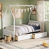 Merax Twin House Bed with 2 Storage Drawers, Montessori Twin Bed Frame for Kids, Wood House Shape Bed with Headboard, No Box Spring Needed, Easy Assembly, White