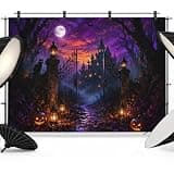 Purple Black Castle Halloween Backdrop 12x8ft Horror Pumpkins Trees Photography Backdrop Fabric Photoshoot Background Tapestry Banner for Birthday Baby Shower Decoration Party Video Photo Studio Props