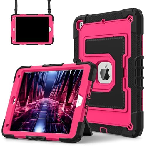 DXVTRKJM Case for iPad 9/8/7(10.2-Inch,2021/2020/2019 Model, 9th/8th/7th Generation),Equipped with Bracket and Shoulder Strap,Shockproof and Drop Proof,Precise Incision, (Black+Rose Red)