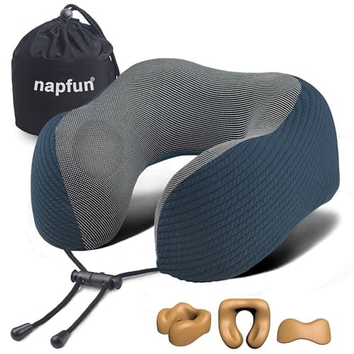 napfun Neck Pillow for Traveling, Upgraded Travel Neck Pillow for Airplane 100% Pure Memory Foam Travel Pillow for Flight Headrest Sleep, Portable Plane Accessories, Deep Blue