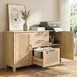 HOPUBUY 3 Drawer and 2 Doors File Cabinet with Lock, Printer Stand Lateral Filing Cabinets for Home Office, Adjustable Feet & Shelves, Rattan File Cabinet for Hanging, Natural Wood