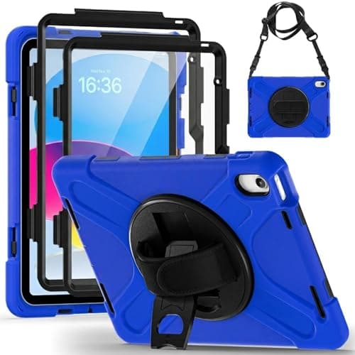 Shockproof Case for iPad A16 10th 2022 /11th 2025 Generation [2 Front Frames] Rugged Cover with 360° Rotatable One-Click Reset Stand & Velcro Hand Strap (Integrated Pencil Holder), Blue