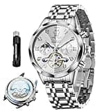 OLEVS Men's Automatic Watch Silver Stainless Steel Luxury Mechanical Self Winding Watch White Face Tourbillon Moon Phase Waterproof Luminous Male Gift