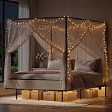 Oakvera Canopy Bed Frame with Charging Station and RGB LED Strip Lights, 4-Poster Platform Bed with Upholstered Headboard, Heavy-Duty Steel Slats, No Box Spring Needed (Black, Queen (U.S. Standard))